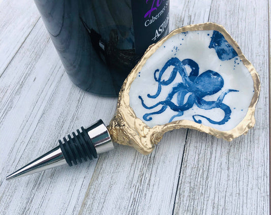 Oyster Shell Wine Stopper--Octopus Print