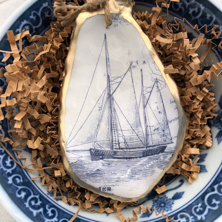 Decoupage Oyster Ornament | White Sailboat