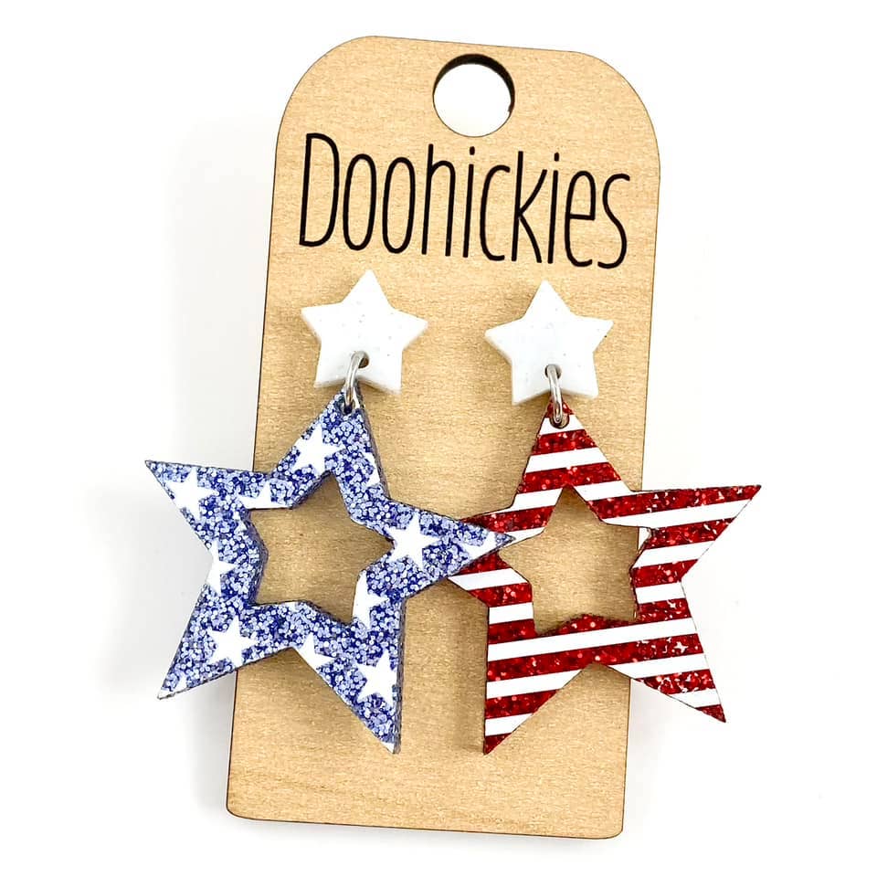 1.75" Glitter Star &amp; Stripes Cutout Stars - Patriotic Acrylic Earrings