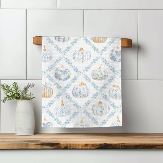 Blue Pumpkin Chinoiserie Fall Coastal Kitchen Towel Waffle