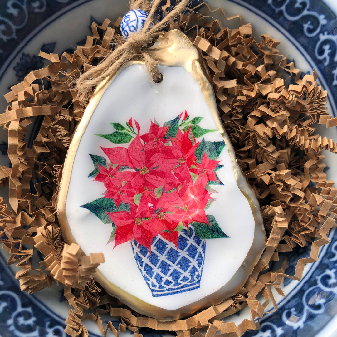 Oyster Ornament | Blue and White Porcelain Poinsettia