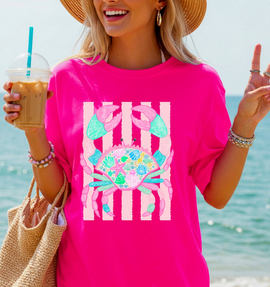 Pastel Whimsical Summer Crab Graphic Tee Beach Coastal