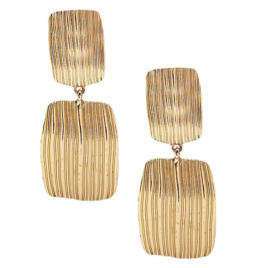 Gold Ribbed Rectangle 2" Drop Earring