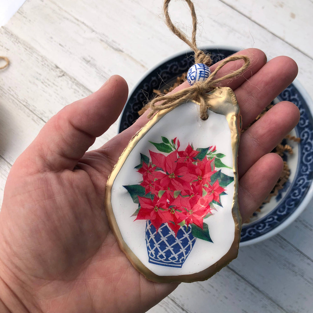 Oyster Ornament | Blue and White Porcelain Poinsettia
