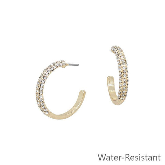 Water Resistant Silver 1" Pave Gold Hoop Earring