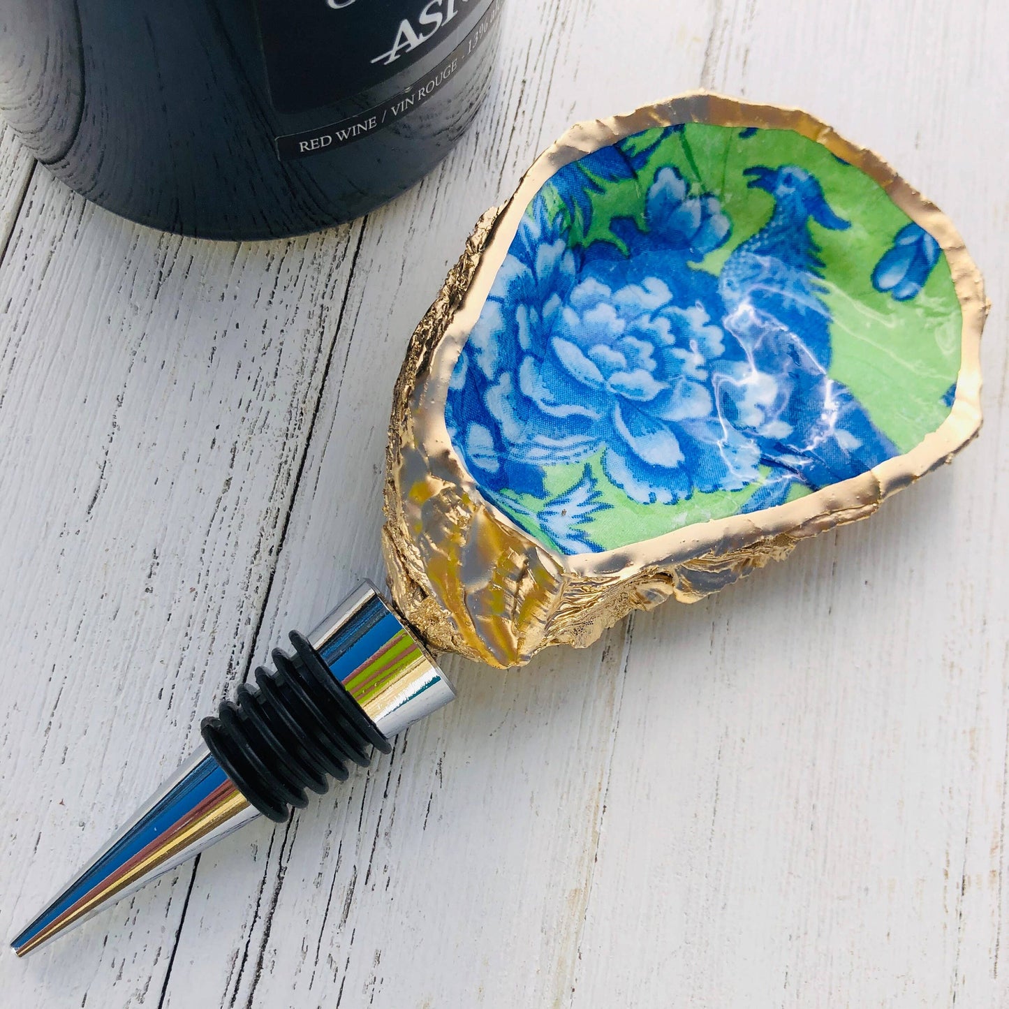 Oyster Shell Wine Stopper--Vibrant Chinoiserie