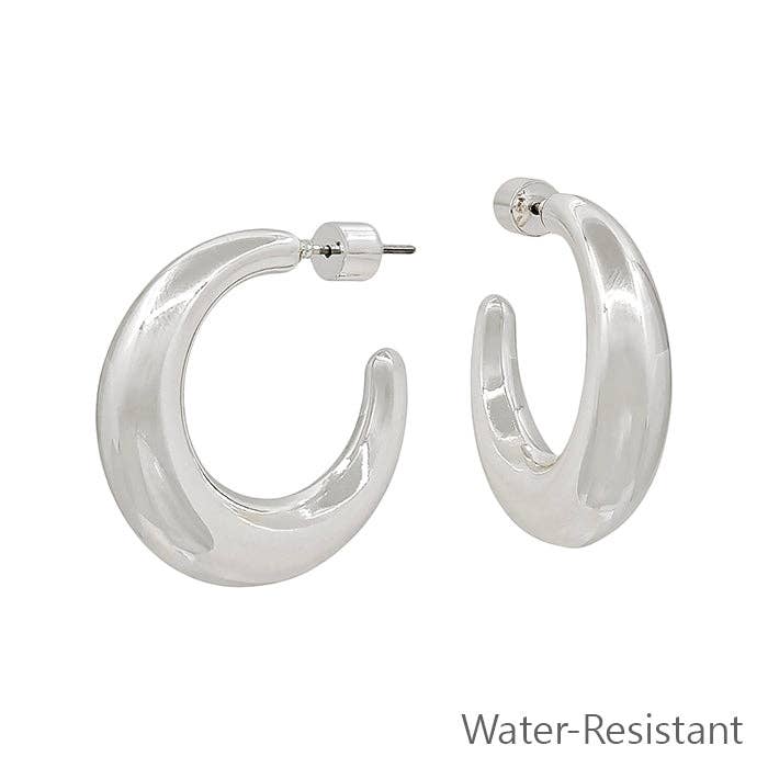 Water Resistant Silver Thick Hoop 1" Earring