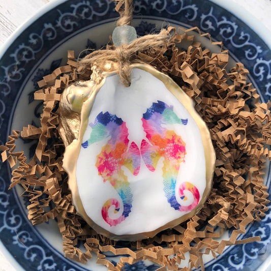 Decoupage Oyster Ornament | Watercolor Seahorse Print