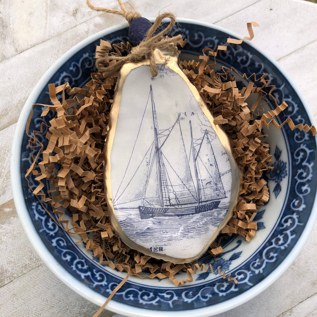 Decoupage Oyster Ornament | White Sailboat