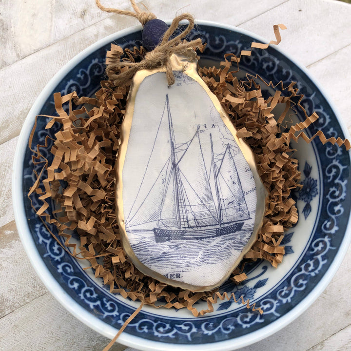 Decoupage Oyster Ornament | White Sailboat